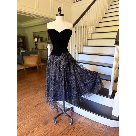 Vintage 80s Glitter Lace Prom Black Dress Velvet WhimsyGoth Celestial Punk Alt - Picture 2 of 13